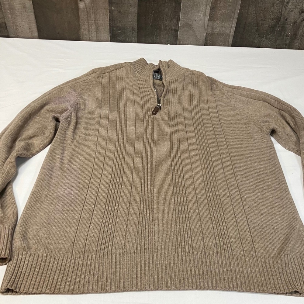 Oscar de la Renta Mens XL Quarter Zip Sweater Tan Brown Ribbed Knit Preppy FLAWS